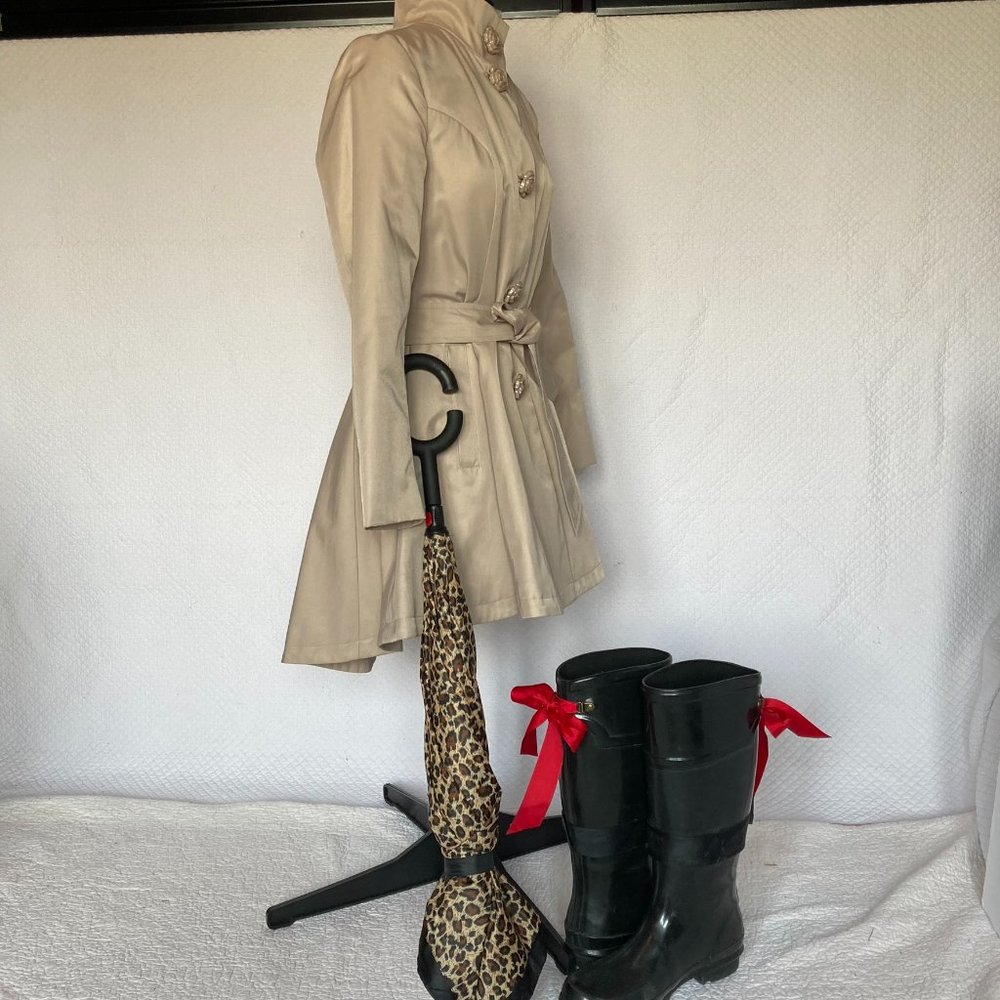 Betsey Johnson A-Line Hi-Low Belted Tan Raincoat sz XS